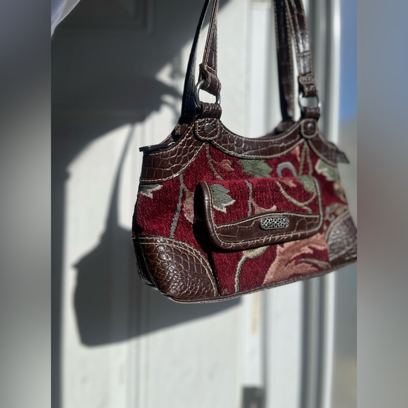 VTG Y2K Cottagecore Maroon Carpet Bag Tapestry purse w/ brown Croc faux leather - Picture 15 of 16